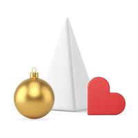 Geometric white triangle pyramid Christmas tree with hang ball toy heart realistic 3d icon vector