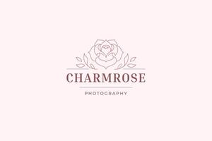 Rose flower bud with leaves line art logo design template for cosmetic brand vector