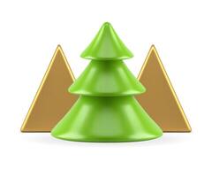 Green glossy Christmas tree with metallic golden triangle pyramid geometric shape 3d icon vector