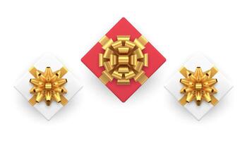 Festive gift boxes squared closed wrapped package metallic bow ribbon top view 3d icon vector