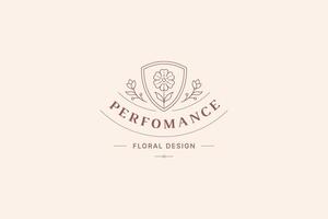 Floral blossom in shield elegant minimalist line art logo design template for gardening vector