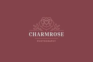 Beauty rose flower with leaves line art logo design template for gardening shop vector