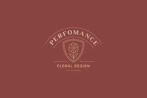 Elegant flower chamomile in shield line art logo design template for florist illustration vector