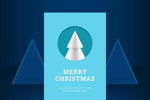 Blue Happy New Year greeting card white glossy fir tree in round border realistic 3d icon vector