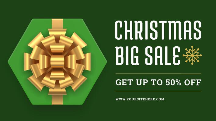 Green Christmas sale web banner template gift box golden bow top view realistic 3d icon