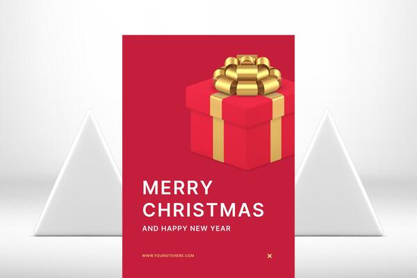 Red premium Merry Christmas greeting card festive gift box design realistic 3d icon