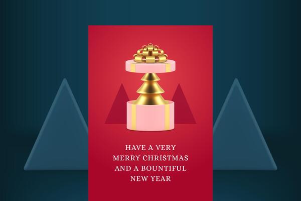 Merry Christmas red greeting card template golden spruce in open gift box realistic 3d icon