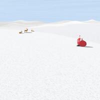 Minimalist snowscape with Santa Claus and lazy reindeers graphic illustration. Merry Christmas greeting card square template have blank space. vector