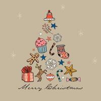 Abstract Christmas tree made from elements hand drawn childish style on brown background graphic illustration. Merry Christmas greeting card square template. vector