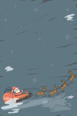 Santa Claus on sleigh with reindeers hand drawn childish style on night sky background have blank space graphic illustration. Merry Christmas greeting card vertical template.