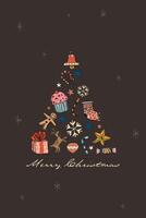 Abstract Christmas tree made from elements hand drawn childish style on brown background graphic illustration. Merry Christmas greeting card vertical template. vector