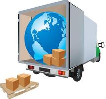 Delivery truck transporting a world globe and cardboard boxes vector