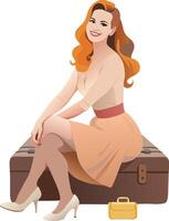 Smiling woman sitting on a suitcase is ready for a trip vector