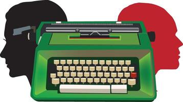 Two writers thinking using a green typewriter as a brain vector
