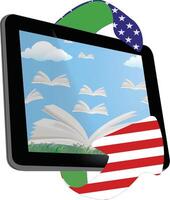 Tablet showing open book with flying pages and american flag vector