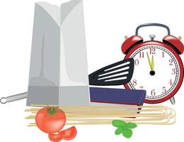 Lunch break time with spaghetti tomatoes and basil near alarm clock and take away bag vector