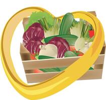 Golden heart embracing a crate full of fresh vegetables vector