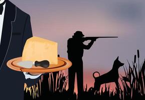 Waiter holding a tray with cheese and a hunter shooting in the background vector