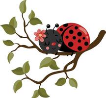 Happy ladybug sleeping on a tree branch with leaves. vector