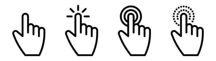 Set of click hand icons with different effects, representing actions like click, tap, or select in digital interfaces. Editable stroke. vector