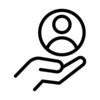 Illustration of a hand holding a user profile icon, representing customer service, support, and social media. vector