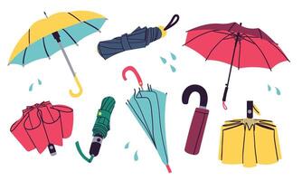 Open, closed and folded umbrellas set. Rain protection parasols for rainy weather. Protecting accessories with handles of different design, type. Flat illustrations isolated on white background vector
