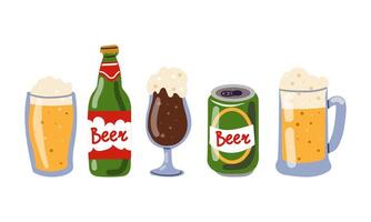 Set of Beer glass, mug or bottle of Octoberfest. Alcoholic drink. Hand Drawn in flat Style for web, Invitations to party or pub menu. Isolated elements. vector
