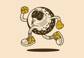 Retro character of golf ball in running pose, vintage retro style vector