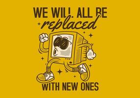Computer monitor character design in running pose with retro vintage style, badge type vector
