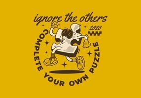Complete your own puzzle, ignore the others. Mascot character of puzzle in running pose. Yellow background vector