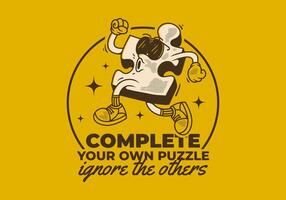 Complete your own puzzle, ignore the others. Mascot character of puzzle in running pose, yellow dominant background colors vector
