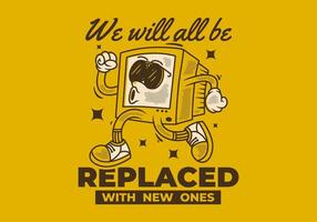 Computer monitor character design in running pose with retro vintage style. dark yellow background vector