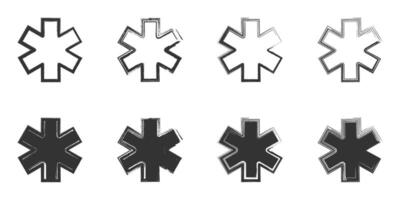 Distressed illustration of medical cross icons with a grunge texture in outline and filled styles. vector
