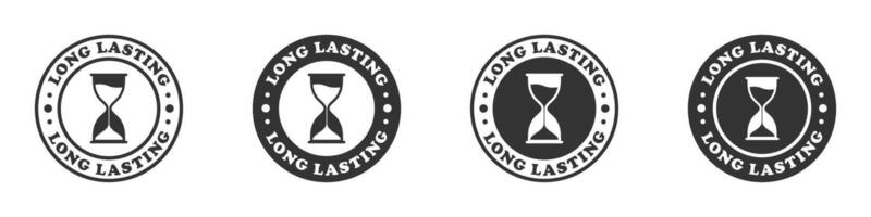 Long lasting badge featuring an hourglass in outline and solid styles. Ideal for product labeling or quality assurance. vector