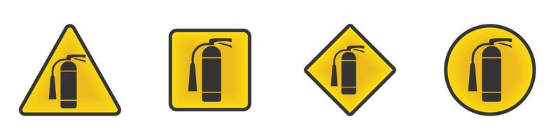 Fire extinguisher warning signs in different shapes with bright yellow backgrounds. Ideal for safety signage or emergency icons. vector