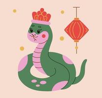 Colorful festive snake in a flat style with a traditional Chinese lantern and decorative crown. Perfect for celebrating Lunar New Year, cultural events, or adding a playful design element. vector
