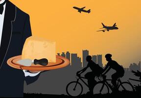 Waiter holding a cheese platter with cyclists and airplanes in the background vector