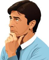 Thoughtful businessman pondering a solution with hand on chin vector