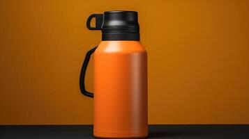 A large orange water bottle with a black cap sits on a table photo
