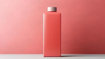 A red container with a white label sits on a pink background photo