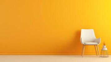 A white chair sits in front of a yellow wall photo
