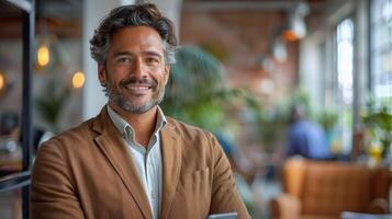 Happy young latin business man holding smartphone standing in office. Smiling hispanic businessman entrepreneur or manager using financial banking apps on cell phone technology device at work photo