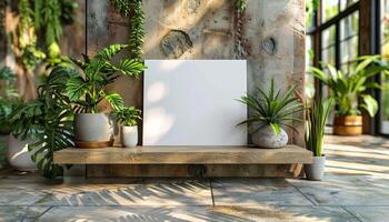 A white canvas is displayed on a wooden shelf next to a variety of potted plants photo
