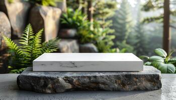 A white stone slab sits on a rock in a forest photo