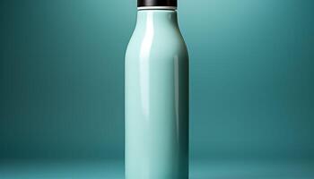 A clear bottle with a black cap sits on a blue surface photo