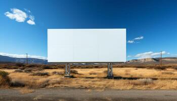A large white billboard is standing in a dry, barren desert photo
