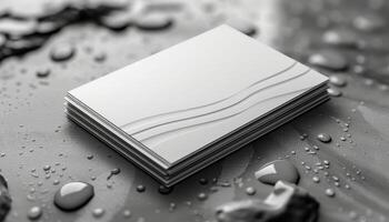 A white card with a wave design on it is sitting on a wet surface photo