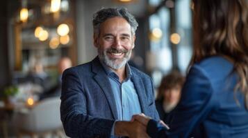 Smiling middle aged business man handshaking partner making partnership collaboration agreement at office meeting, hr manager and new worker shake hands recruiting at job interview. Welcome onboarding photo