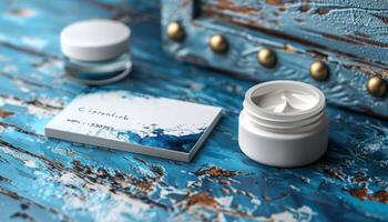 A business card and a jar of cream sit on a wooden table photo