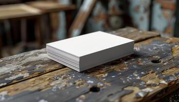 A stack of white paper is on a wooden table photo